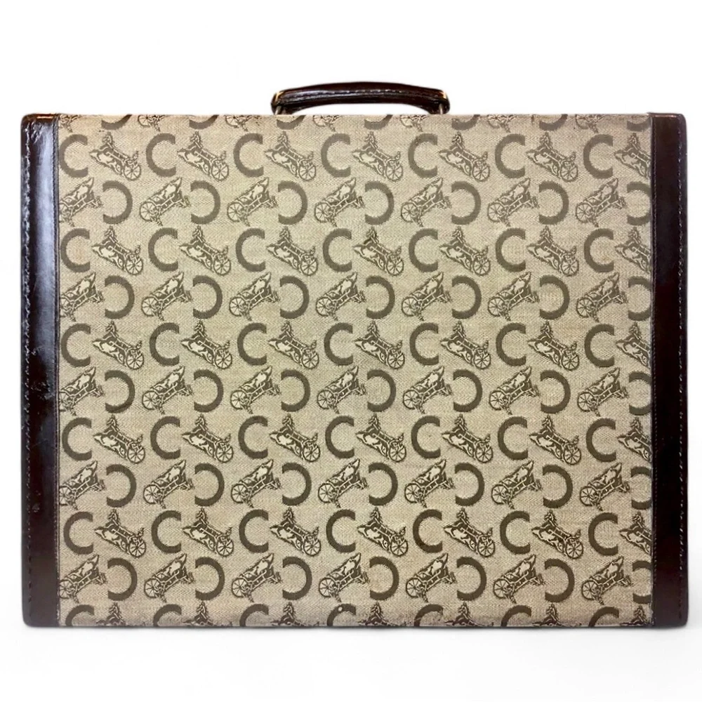 CELINE Brown Leather and Canvas Oversized Briefcase Suitcase Brass Locks 1980’s